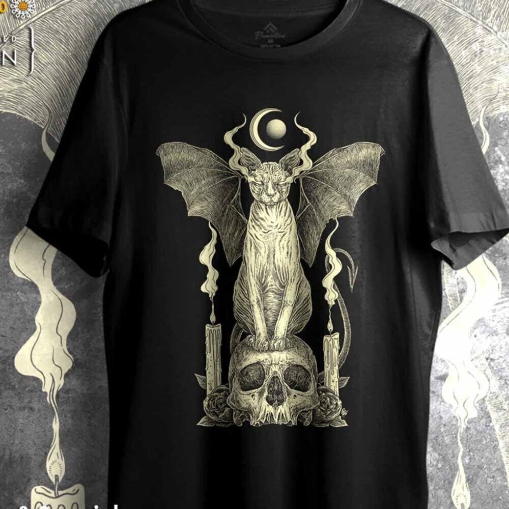 Sphynx Cat Tshirt Horror Skull Bat Egyptian Dark Magic Flowers